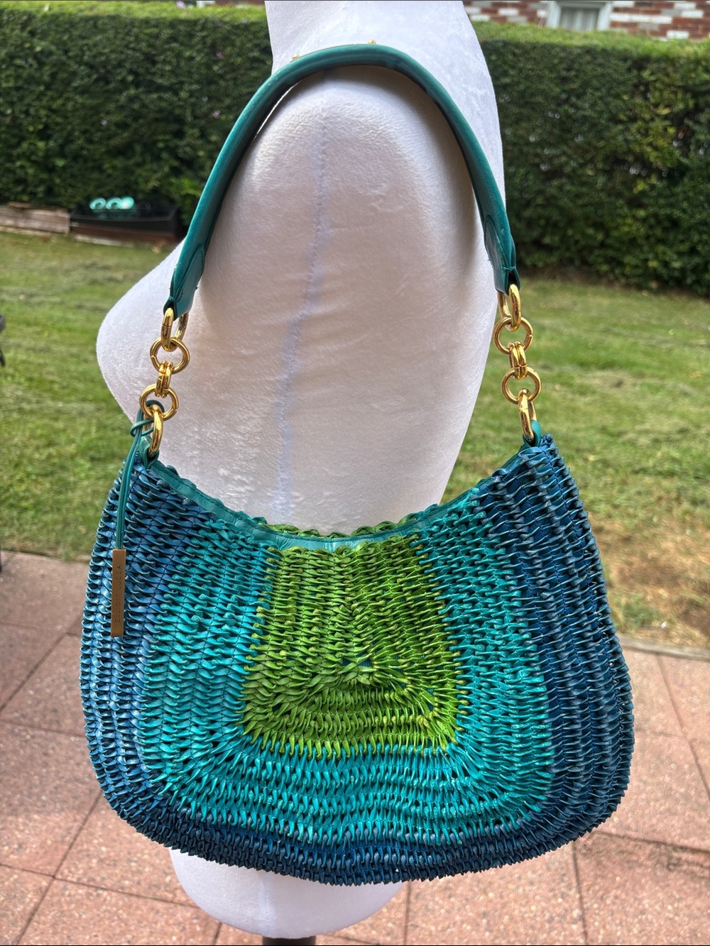 Elliott Lucca Green and Teal Woven Leather Hobo